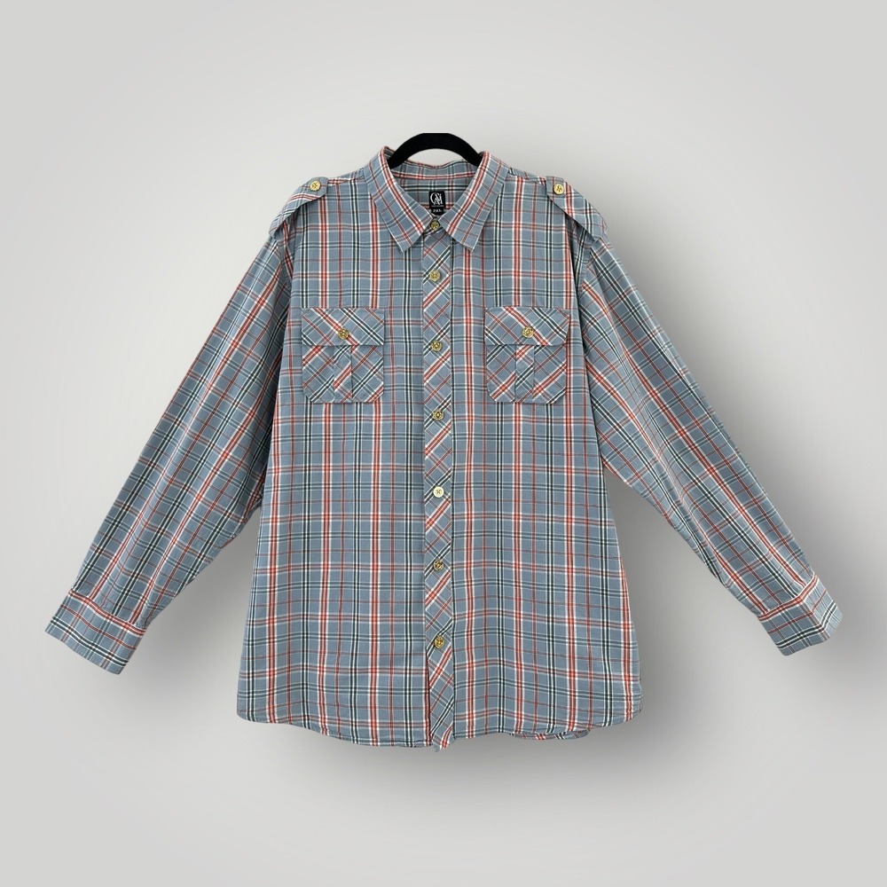 Cavi Plaid Shirt Mens 2XL Gray Orange Long‎ Sleeve Gold Buttons Epaulettes